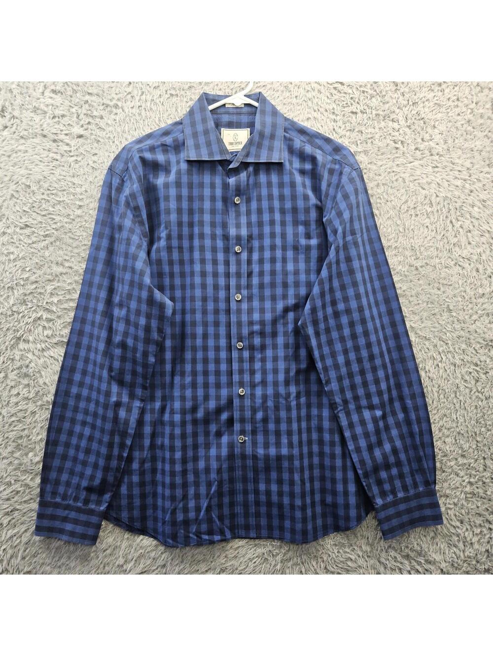 TODD SNYDER Dress Shirt Men 16.5 34/35 Large Blue Gingham Check 2 Ply Cotton